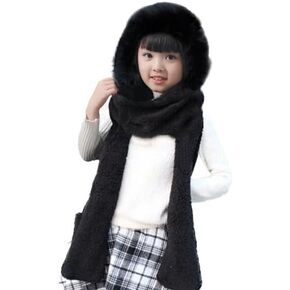 Kids Warm Hoodie Hat/Scarf/Gloves Set Soft Plush Thick Shu Velveteen Winter Hat for Girls Boys 4-10 Years Old