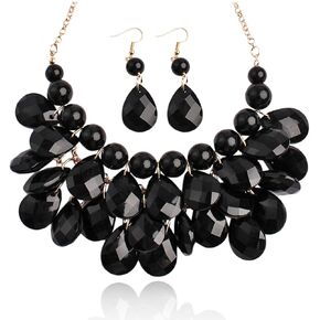 RIAH FASHION Chunky Acrylic Jewel Cluster Floating Bubble Statement Necklace - Teardrop Dangle Layered Bib Collar (Coral Pink)