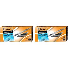 BIC Round Stic® Grip™ Xtra-Comfort Medium Ball Point Pen, Black, 12 Pack