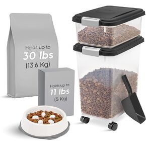 IRIS USA 30 lbs & 11 lbs Airtight Dog Food Storage Container Combo with Scoop & 2 Cups Slow Feeder Dog Bowls, Attachable Casters, For Dog Cat Bird and Other Pet Food, Clear/Black/Gray