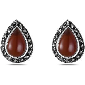 SILVER EMPIRE Fine Jewelry | 925 Sterling Silver Earrings for Women | Marcasite Teardrop Studs w/Adventurine, Turquoise, Onyx, or Mother of Pearl Center | Bezel Set | Oxidized Finish | Hypoallergenic