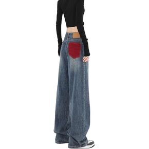 Women's Wide Leg Jeans High Waist Red Pocket Baggy Jeans Y2K Loose Boyfriend Denim Pants (US, Alpha, XX-Large, Regular, Regular, Blue)…