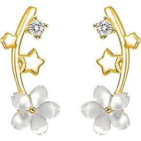 Reffeer Solid 925 Sterling Silver CZ Flower Crawler Earrings Wrap for Women Teen Girls Dainty Flower Earrings Cuff Piercings Star Climber Earrings Studs