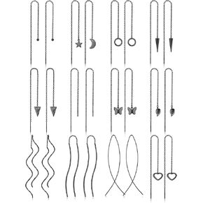 12Pairs Stainless Steel Threader Earrings for Women Chain Tassel Earrings Double Twist Wave Dangle Drop Chain Earrings Set