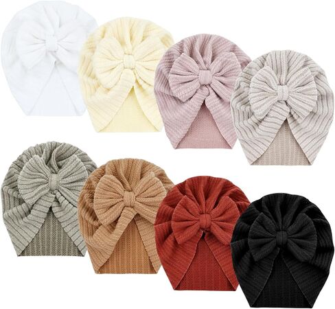 Dizila 8 Pieces Cute Soft Stretchy Baby Turban Hats with Big Bow Newborn Hospital Nursery Caps Beanies Bonnets Headwraps for Baby Girls Boys Infants Toddlers in Kuwait