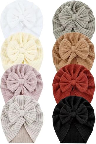 Dizila 8 Pieces Cute Soft Stretchy Baby Turban Hats with Big Bow Newborn Hospital Nursery Caps Beanies Bonnets Headwraps for Baby Girls Boys Infants Toddlers in Kuwait