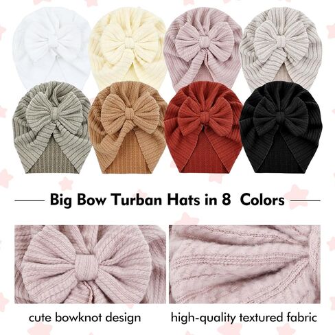 Dizila 8 Pieces Cute Soft Stretchy Baby Turban Hats with Big Bow Newborn Hospital Nursery Caps Beanies Bonnets Headwraps for Baby Girls Boys Infants Toddlers in Kuwait
