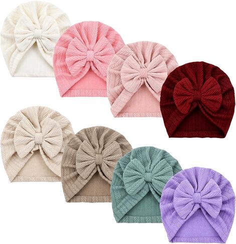 Dizila 8 Pieces Cute Soft Stretchy Baby Turban Hats with Big Bow Newborn Hospital Nursery Caps Beanies Bonnets Headwraps for Baby Girls Boys Infants Toddlers in Kuwait