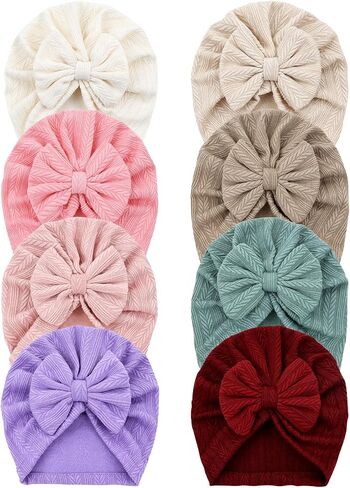 Dizila 8 Pieces Cute Soft Stretchy Baby Turban Hats with Big Bow Newborn Hospital Nursery Caps Beanies Bonnets Headwraps for Baby Girls Boys Infants Toddlers in Kuwait