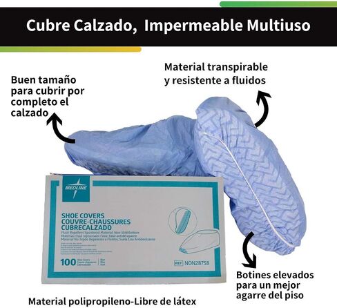 أغطية أحذية Medline NON28752 غير قابلة للانزلاق من سلسلة Spunbond، خالية من اللاتكس، أزرق (عبوة من 200 قطعة) in Kuwait