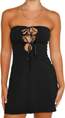 Y2K فستان نسائي صيفي مقصوص مثير بدون حمالات بدون ظهر فستان قصير قصير للفتيات المراهقات (وردي، S) in Kuwait