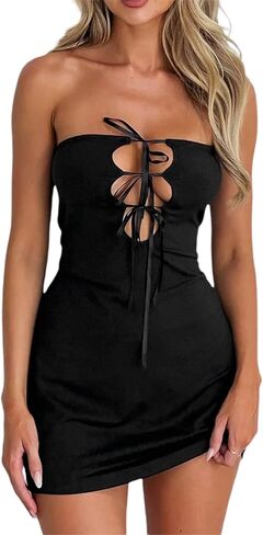 Y2K فستان نسائي صيفي مقصوص مثير بدون حمالات بدون ظهر فستان قصير قصير للفتيات المراهقات (وردي، S) in Kuwait