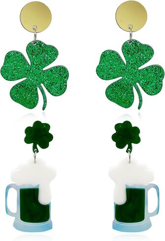 St Patricks Day Earrings Sparky Green Four Leaf Hat Shamrock Danlge Earrings for Women Girls Irish Holiday Gift in Saudi Arabia