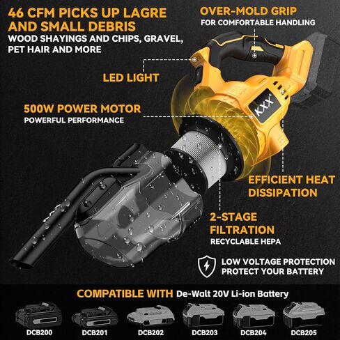 Cordless Vacuum for De-Walt 20V Battery, 5 in 1 Handheld Electric Vacuum Cleaner with 500W Powerful Motor, 46 CFM Portable Hand Vacuum with Filtration HEPA for Floor, Carpet, Car (Not include Battery) in Saudi Arabia