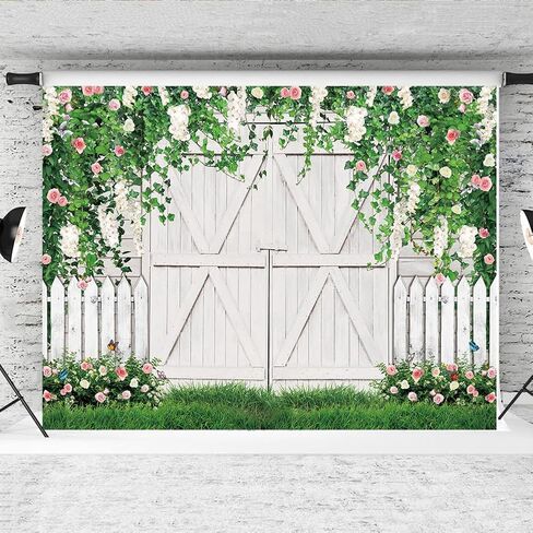 Hilioens 7×5ft Spring White Wooden Door Photography Backdrop Flower Green Leaves Butterfly Wedding Background Bridal Baby Shower Birthday Wedding Newborn Festival Photography Decor in Kuwait