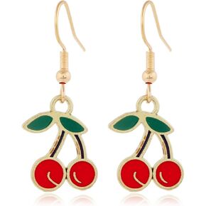 Cherry Fruit Crystal Small Earrings Gold Plated Handmade Charm Sweet 3D Red Fruits Green Leaf Glitter Rhinestone Cubia Zirconia Stud Earrings for Women Teen Girls Birthday Valentine Party Jewelry Gifts