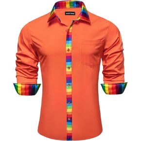 Barry.Wang Men Button Down Shirts Satin Silk Long Sleeve Dress Casual/Formal Shirts Contrast Regular Collared Tops Fashion