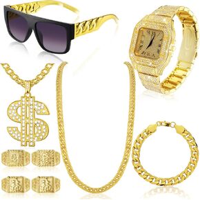 Equsion 9 Pieces Hip Hop Jewelry Set Dollar Sign Pendant Necklace Cuban Necklace Bracelet Bling Crystal Diamond Watch Punk Sunglasses Chinese Lucky Rings 80s 90s Party Accessories for Men
