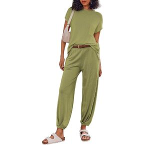 Ekouaer Women's 2 Piece Lounge Set 2024 Trendy Sweatsuit Cap Sleeve Tops and Jogger Pants Knit Pajama Loungewear S-XXL