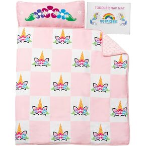 100 UNICORNS Portable Toddler Nap Mat | Sleeping Bag & Cot Alternative | Perfect Toddler Bed for Travel | includes A Cozy & Soft Blanket | Removable Pillow | Ideal for Kids in Daycare & Preschool