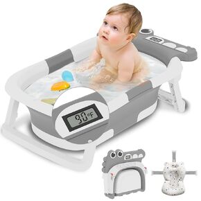 Collapsible Baby Bathtub, Baby Bath Tub with Soft Cushion & Thermometer, Alligator Baby Bathtub with Detachable Feet, Durable Infant Bathtub Applicable 0-36 Month, Blue