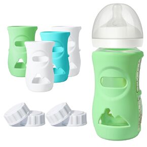 Joxodax 4 Pack Silicone Sleeves for Philips Avent Glass Bottle Food Grade Silicone Bottle Cover and 4pcs Travel Bottle Caps, Bottle Lids Replacement(for 8 oz Philips Avent Natural Glass)