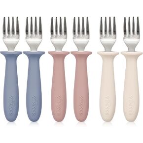 6 Pieces Toddler Forks，Kids Safe Utensils Set with Silicone Round Handle for Self Feeding，18/8 Stainless Steel Baby Forks，Children's Silverware Set BPA Free, Dishwasher Safe
