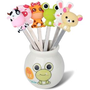 6 Pcs Fruit Forks Cute Cartoon Animal Food Picks for Kids Mini Salad Cake Dessert Toothpicks Forks with a Ceramic Holder for Party Supply(Cartoon)