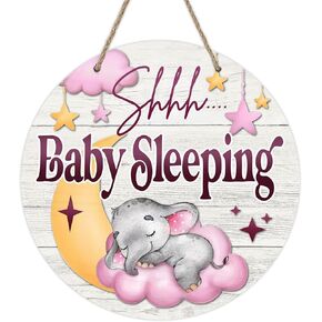 Deroro Shhh Baby Sleeping Front Door Sign, Elephant Moon Pink Cloud Stars Wood Door Hanger Outdoor Porch Nursery Decor, Rustic Wooden Wreath Indoor Wall Hanging Kids Baby Girl Room Decoration