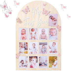 My First Year Wood Photo Board - Butterfly 1st Birthday Party Decorations,One Year Photo Milestone Board,Baby Girl 1-12 Months Photo Wooden Board,Butterfly Milestone Board Baby Shower