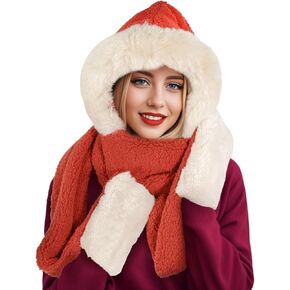 GERINLY Solid Color Hooded Scarf Hat with Mitten Pockets 3 In 1 Knit Winter Accessory