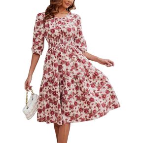 Kormei Women Casual Boho Floral Round Neck 3/4 Sleeve Smocked Waist Tiered A Line Flowy Swing Midi Dress Long Dresses