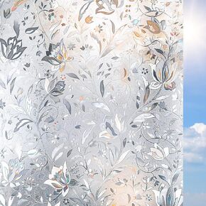 Window Privacy Film Non-Adhesive Flower Patten Window Sticker 3D Tulip Static Cling Glass Window Film Rainbow Window Film for Home Kitchen Office UV Blocking (White, 17.5" x 78.7")