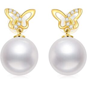 14K Gold Butterfly/Infinity Pearl Earrings for Women, Freshwater Cultured Pearl Studs Earrings Love Jewelry Anniversary Birthsday Gift for Girls, Mom, Wife