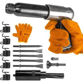 BAUSATZ Air hammer Heavy Duty 220mm long barrel air chisel kit with 5pcs chisels Needle Scaler Attachment with 19pcs Needles，5000BPM air chisel for shoveling and cutting (JBCXJ01)