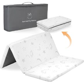 Foldable Travel Pack n Play Mattress Pad with Bag, Portable Trifold Memory Foam playpen Mattress,Waterproof Portable Mini Crib Mattresses,with Soft Washable Cover, 38x26 inch