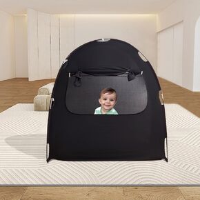 Mengersi Blackout Tent for Pack and Play, Crib Blackout Cover Baby Sleep Pod Sleep Tent Travel Crib Cover,Blackout Canopy Crib Cover, Block 95% Light (Black)