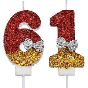 61st Birthday Candles, Red 61 Year Old Number Birthday Candles, Happy Birthday Party Cake Topper Decoration Gifts for Women Men