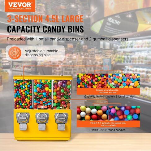VEVOR Candy Vending Machine, Triple Compartment Candy Dispenser, Commercial Gumball and Candy Machine for Business with Iron Stand, Coin Operated Gumball Bank for Toy Capsules Bouncy Balls Candy in Saudi Arabia