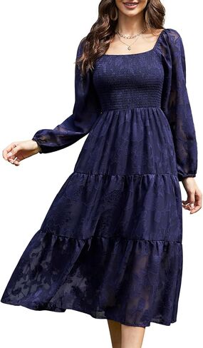 MUADRESS Women Casual Smocked Tiered Floral Swing Dress Puff Long Sleeves Square Neck Maxi Ruffle Flowy Party Dress in Kuwait