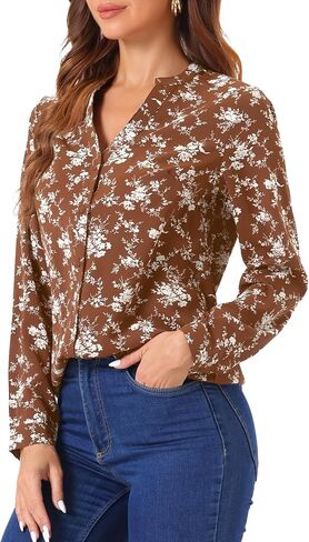 Allegra K Women's Chiffon Floral Tops V Neck Long Sleeve Button-Up Blouse Shirt in Saudi Arabia