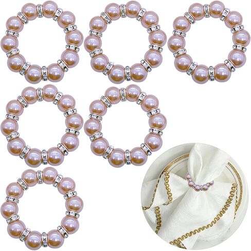 6 PCS Pearl Napkin Rings Stretched Beaded Table Napkin Holder for Christmas Birthday Wedding Anniversary Dinning Party Decor (Gold) in Kuwait