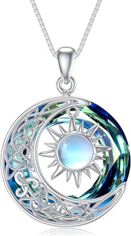 Sun Moon Necklace for Women 925 Sterling Silver Crescent Moon with Crystal Moonstone/Amber Sun Pendant Sun and Moon Jewelry for Women Girls in Saudi Arabia