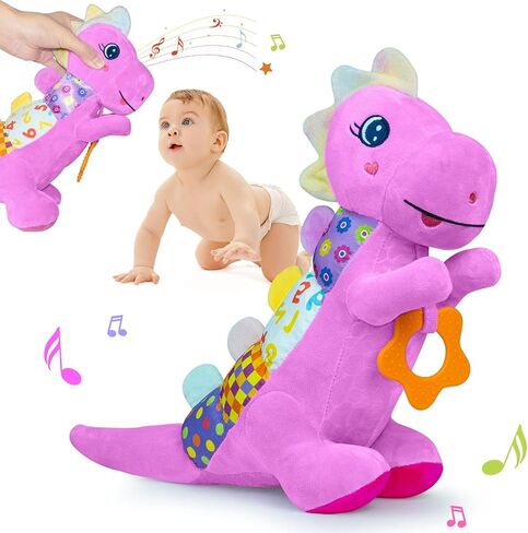 Baby Dino Plush Soft Stuffed Animal Toy for 0-3-6-12+ Months,Infant Musical Toy with Rattle,Squeaker,Sensory Crinkle,Teether & Textures,Tummy Time Toys Christmas Baby Gift for Newborn Girl Boy (Blue) in Saudi Arabia