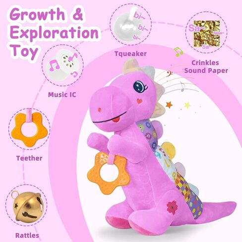 Baby Dino Plush Soft Stuffed Animal Toy for 0-3-6-12+ Months,Infant Musical Toy with Rattle,Squeaker,Sensory Crinkle,Teether & Textures,Tummy Time Toys Christmas Baby Gift for Newborn Girl Boy (Blue) in Saudi Arabia