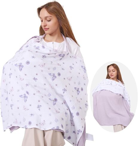 Bimocosy Muslin Nursing Cover Double-Layer for Breastfeeding, Cotton Privacy Nursing Cover Breathable Cover Up with Arch Neckline for Nursing, Nursing Apron Multi-use Car Seat Canopy Butterfly Violet in Saudi Arabia