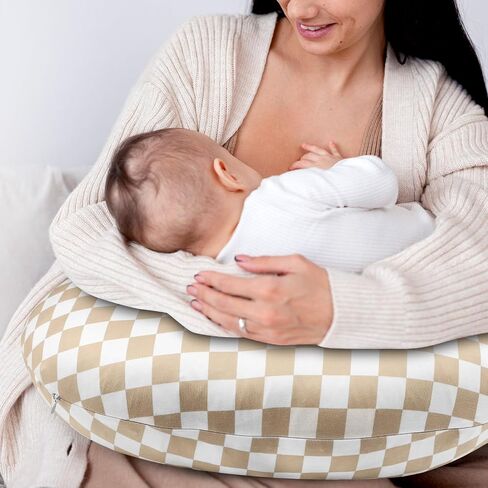 DILIMI Nursing Pillow Cover, Stretchy Removable Case for Breastfeeding Pillows, Ultra Soft Comfortable Slipcover for Baby Girl and Boy, Light Brown Checkerboard in Saudi Arabia