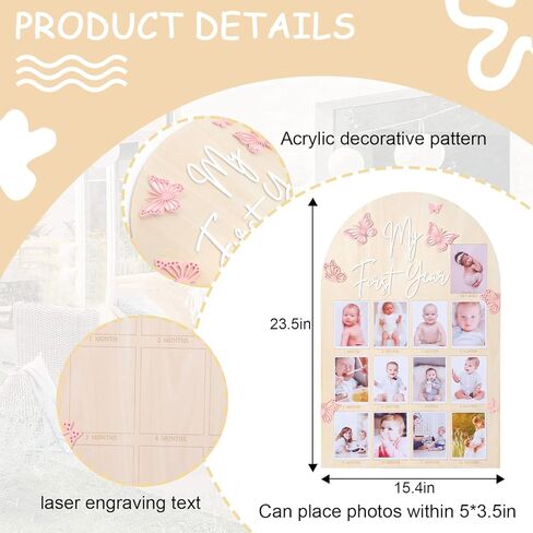 My First Year Wood Photo Board - Butterfly 1st Birthday Party Decorations,One Year Photo Milestone Board,Baby Girl 1-12 Months Photo Wooden Board,Butterfly Milestone Board Baby Shower in Kuwait