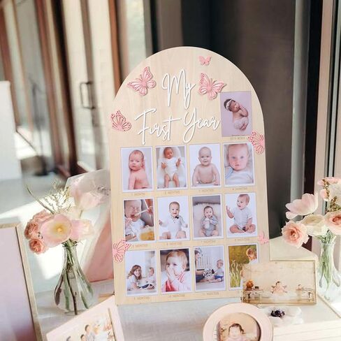 My First Year Wood Photo Board - Butterfly 1st Birthday Party Decorations,One Year Photo Milestone Board,Baby Girl 1-12 Months Photo Wooden Board,Butterfly Milestone Board Baby Shower in Kuwait