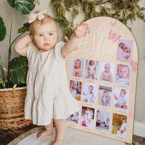 My First Year Wood Photo Board - Butterfly 1st Birthday Party Decorations,One Year Photo Milestone Board,Baby Girl 1-12 Months Photo Wooden Board,Butterfly Milestone Board Baby Shower in Kuwait